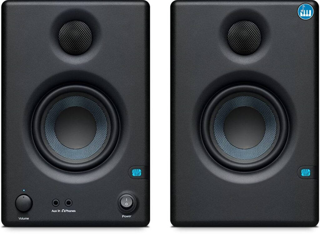 Frente dos Monitores Home Studio PreSonus E3.5, a melhor opção barata do mercado para gravação em casa.