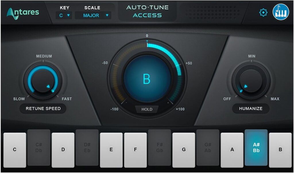 Interfase del Antares Auto-Tune Access, el plugins para voces más conocido y usado del mercado.