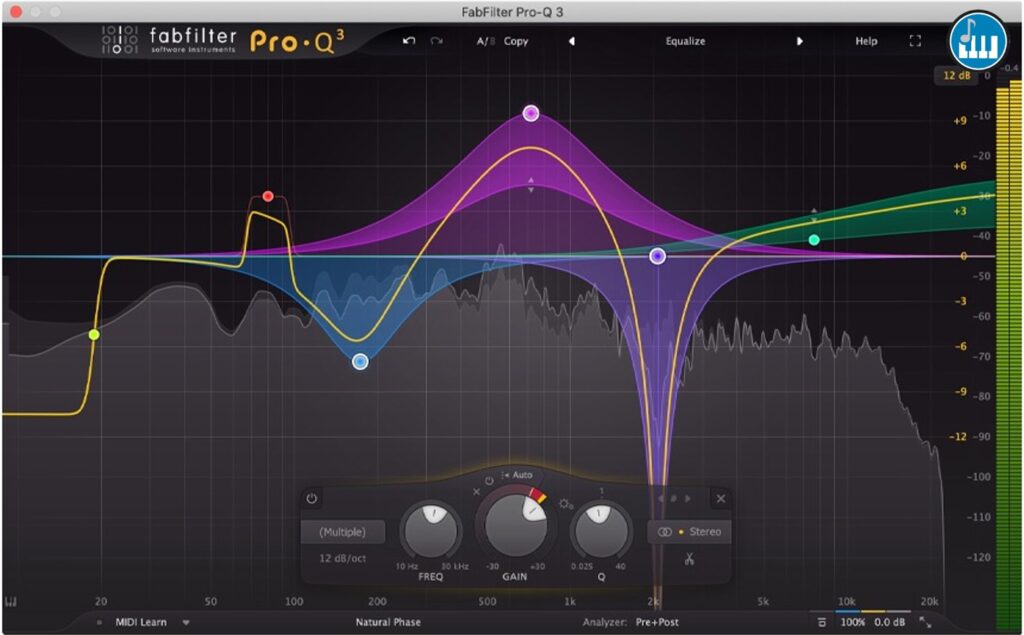 Interface Fabfilter Pro-Q 3, possivelmente o melhor plug-in de equalização vocal do mercado.